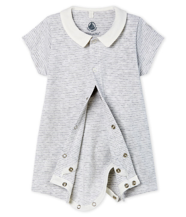 Kurzer Baby-Bodyjama aus Rippstrick grau/weiss