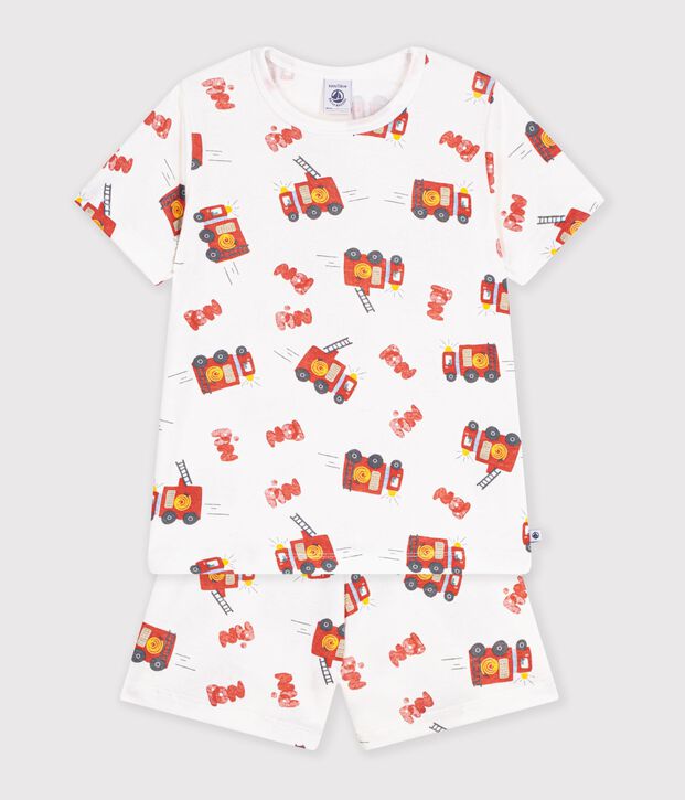 Kinder-Kurzpyjama aus Baumwolle mit Feuerwehrm&auml;nnern weiss/vielfarbig