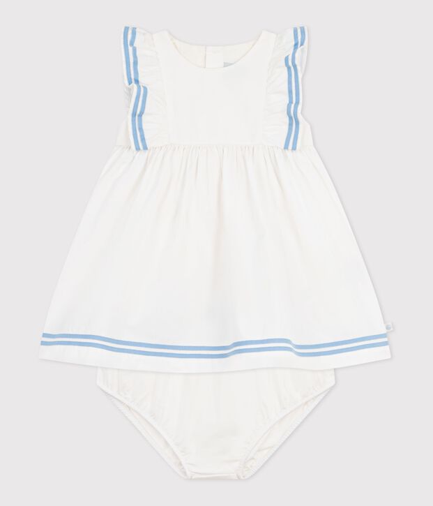 &Auml;rmelloses Baby-Kleid aus einfarbiger Baumwolle und dazu passender Bloomer weiss