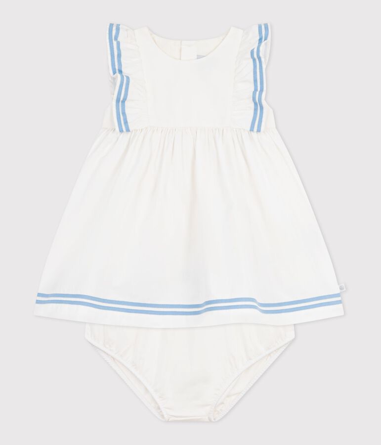 &Auml;rmelloses Baby-Kleid aus einfarbiger Baumwolle und dazu passender Bloomer weiss
