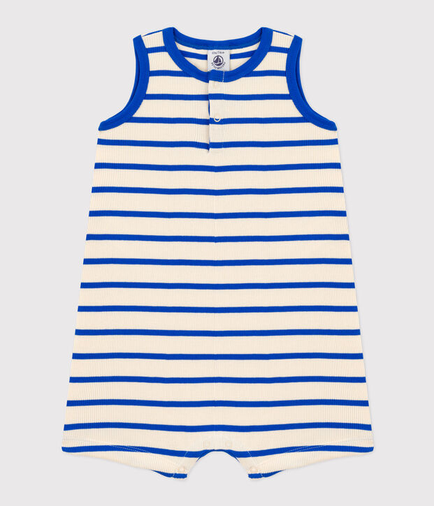 Baby-Kurzoverall aus gestreiftem Rippstrick naturfarben/blau