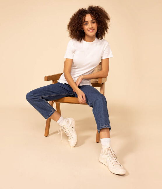 Damen-T-Shirt L’ICONIQUE aus Baumwolle mit Mäusezähnchen weiss ECUME