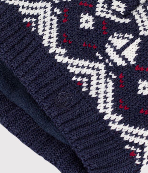 Baby-M&uuml;tze aus Woll- und Baumwoll-Jacquard mit Fleece-Futter blau/naturfarben/rot