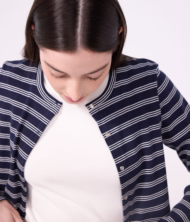 Damen-Cardigan aus Baumwolle mit Streifen blau/weiss