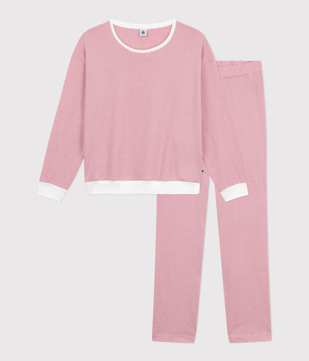 Damen-Pyjama aus Baumwolle mit Streifen rosa/weiss