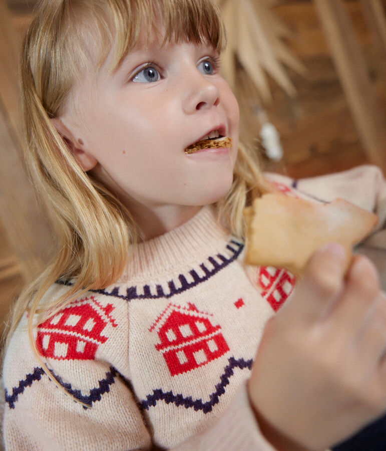 Kinder-Jacquard-Pullover aus Wolle und Baumwolle beige/vielfarbig