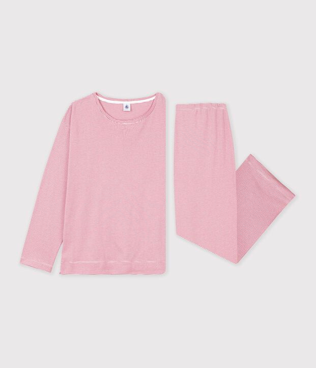 Damen-Pyjama aus Baumwolle mit geraden Beinen und Streifen rosa/weiss