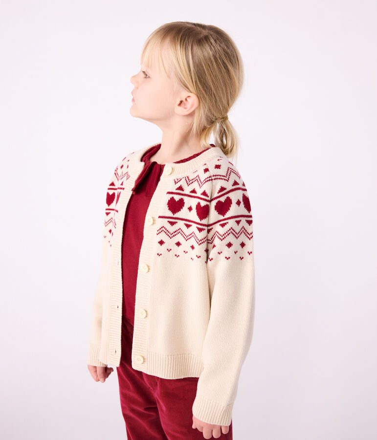 Kinder-Cardigan aus Wolle und Baumwolle mit Jacquard-Muster naturfarben/rot
