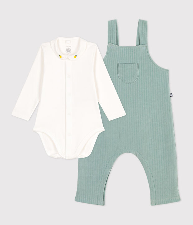 Newborn-Set Latzhose und bestickter Body aus Baumwolle gr&uuml;n