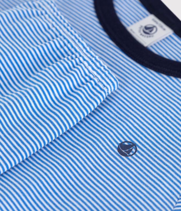 Kurz&auml;rmeliger Kinder-Pyjama mit langer Hose aus gestreifter Baumwolle blau/weiss