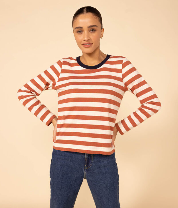 Damen-T-Shirt LE DROIT aus Baumwolle mit Rundhalsausschnitt braun/naturfarben