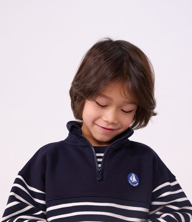 Kinder-Sweatshirt mit Rei&szlig;verschluss-Kragen aus gestreifter Baumwolle blau/weiss
