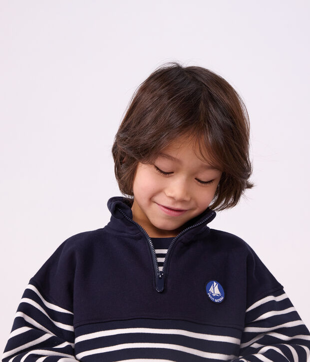 Kinder-Sweatshirt mit Rei&szlig;verschluss-Kragen aus gestreifter Baumwolle blau/weiss