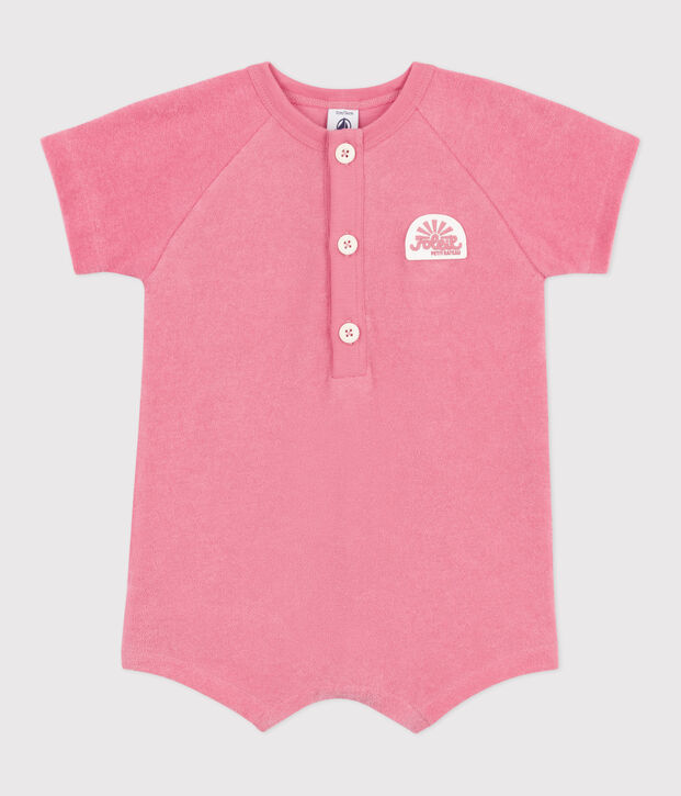 Baby-Kurzoverall aus einfarbigem Baumwoll-Frottee mit Aufn&auml;her rosa