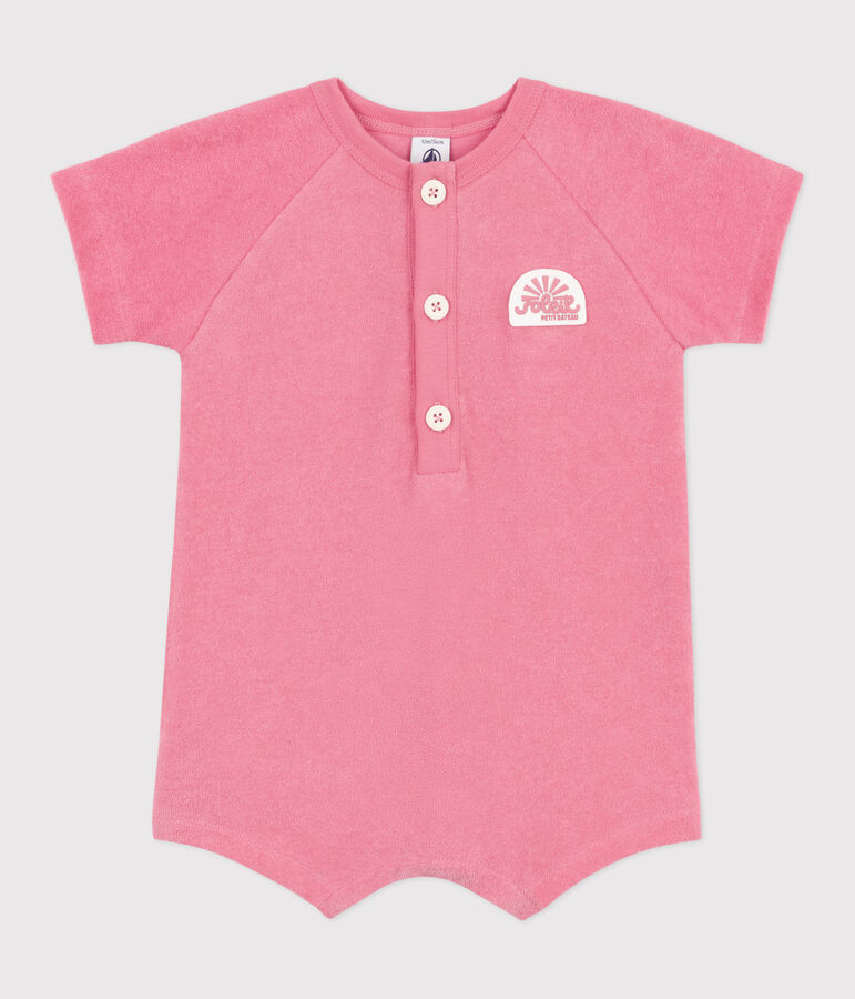 Baby-Kurzoverall aus einfarbigem Baumwoll-Frottee mit Aufn&auml;her rosa