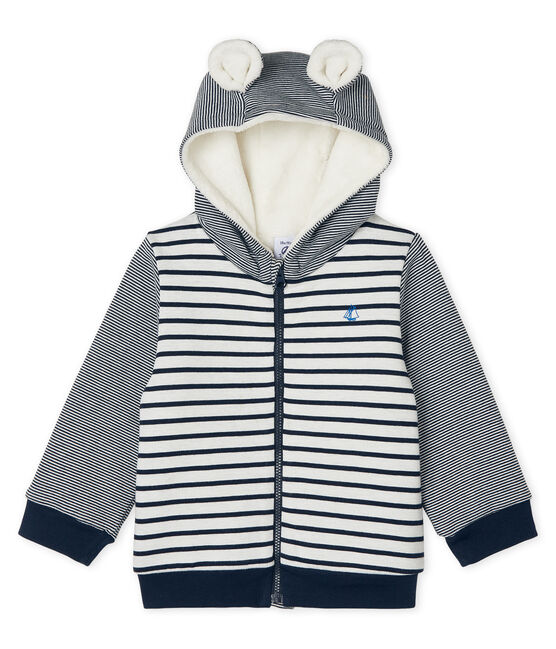 Baby-Kapuzensweatshirt für Jungen mit Streifen und Sherpafutter weiss MARSHMALLOW/blau SMOKING CN