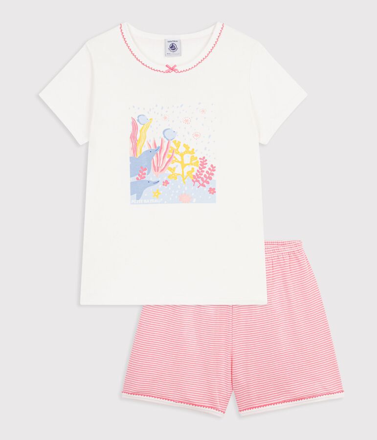 Kinder-Kurzpyjama aus Baumwolle mit Meer-Motiv weiss/rosa