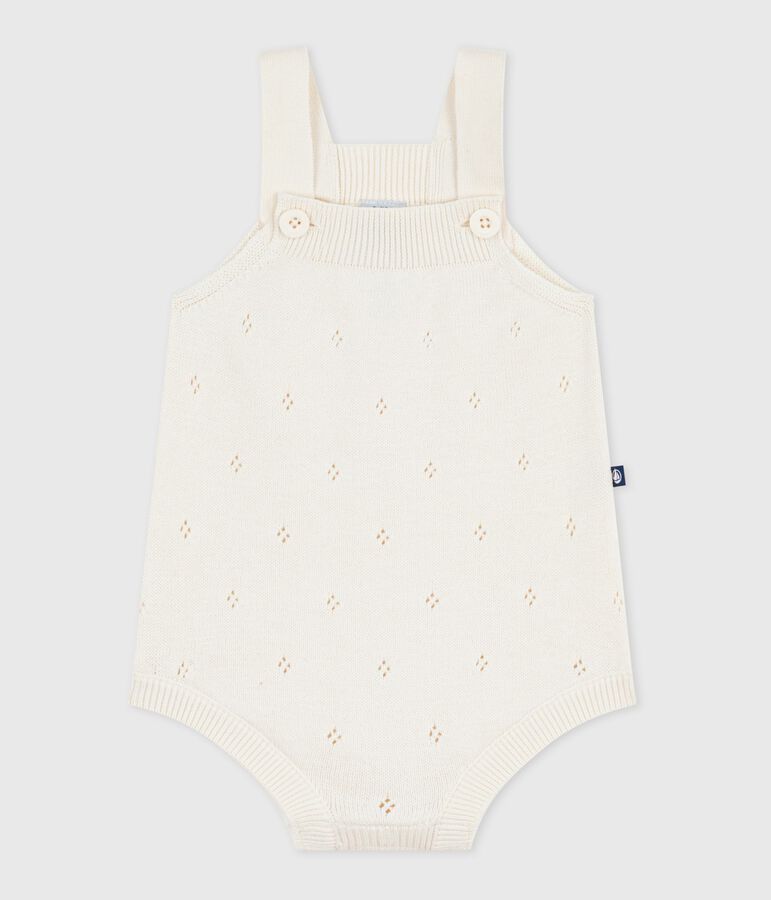 Baby-Kurzoverall aus Baumwollstrick mit Lochstickerei naturfarben