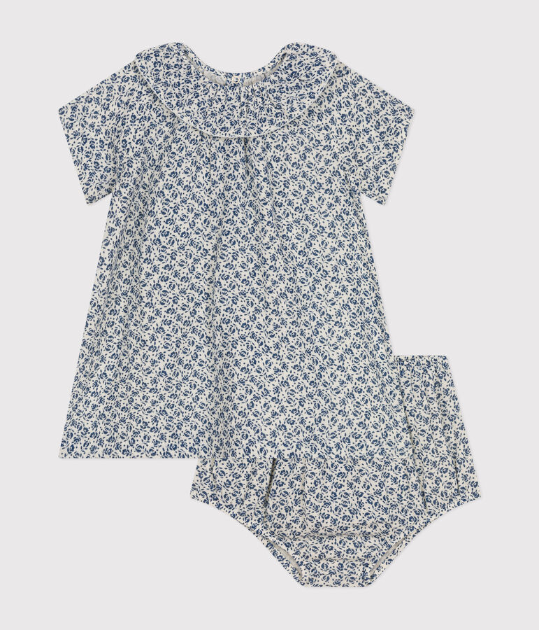 Kurz&auml;rmeliges Babykleid mit Bloomers aus Musselin naturfarben/blau