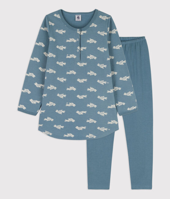 Kinder-Nachthemd und -Leggings aus Molton und Baumwolle mit Vogelmotiv für Mädchen blau ROVER/weiss MARSHMALLOW