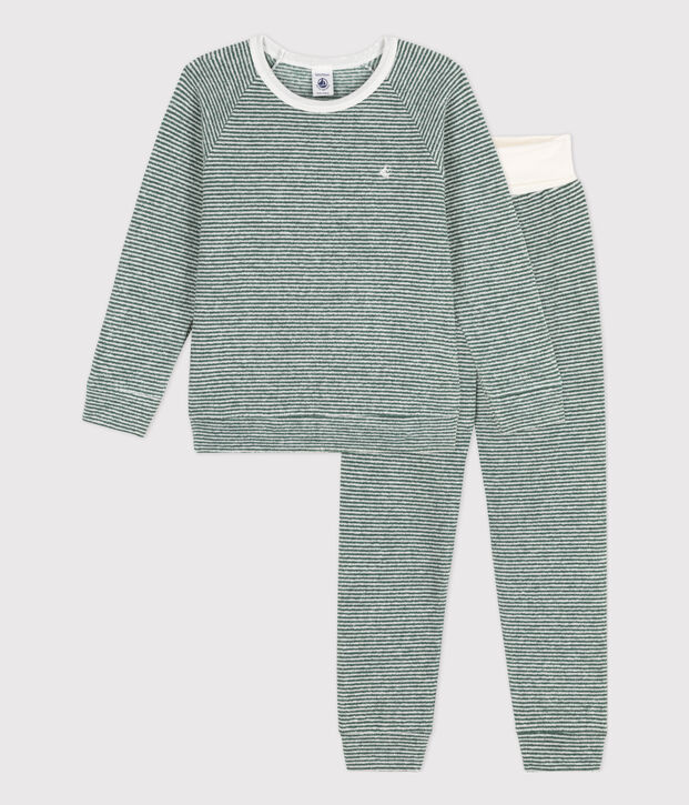 Kinderpyjama aus Baumwollfrottee mit Ringelstreifen gr&uuml;n/weiss