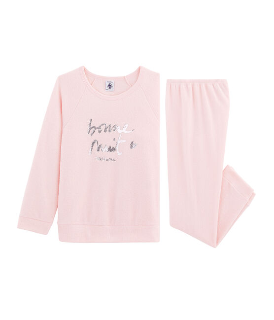 Pyjama aus aufgerautem, extra warmem Bouclé-Frottier für kleine Mädchen rosa MINOIS