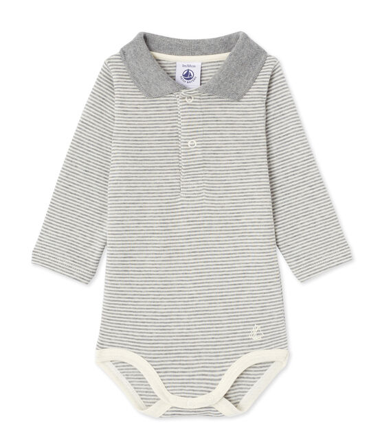 Baby-Jungen-Body mit Milleraies-Ringelmuster grau SUBWAY/beige COQUILLE