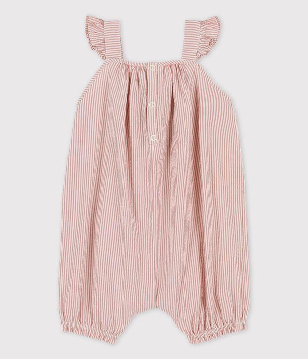 Gestreifter Baby-Kurzoverall aus Bio-Seersucker rosa/weiss