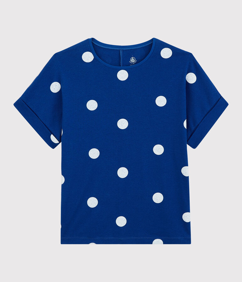 T-Shirt aus Baumwolle/Leinen mit Printmuster Damen blau/weiss