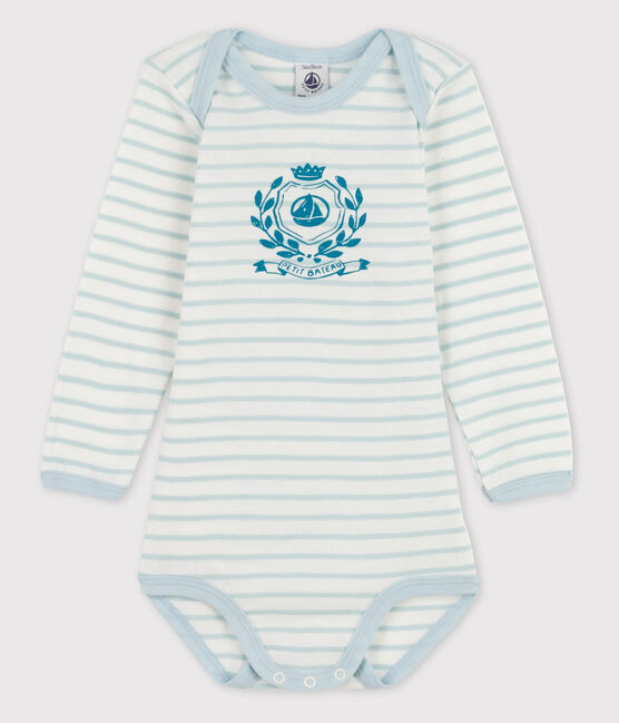 Langärmliger Baby-Body für Mädchen weiss MARSHMALLOW/blau WATER