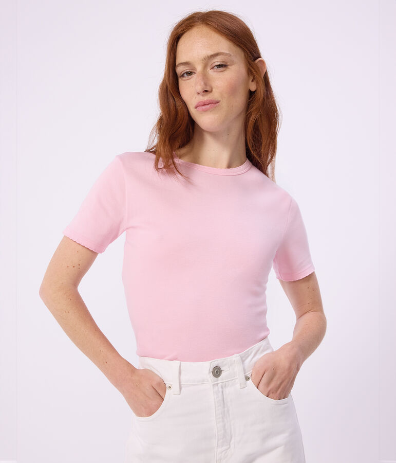 Kurz&auml;rmeliges Damen T-Shirt aus einfarbiger Baumwolle rosa