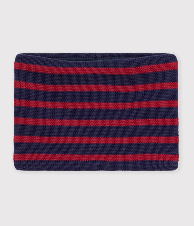 Kinder-Schlauchschal aus Strick mit Streifen und Fleece-Futter blau/rot