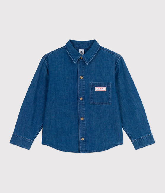 Kinder-Hemd aus einfarbigem Jeansstoff blau DENIM MOYEN