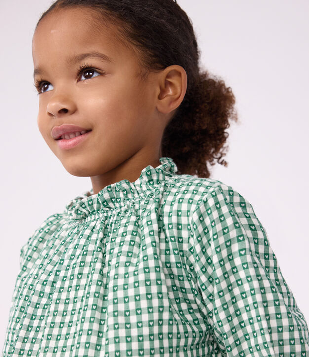 Lang&auml;rmelige Kinder-Bluse aus Baumwolle mit Kragen und Muster gr&uuml;n/weiss