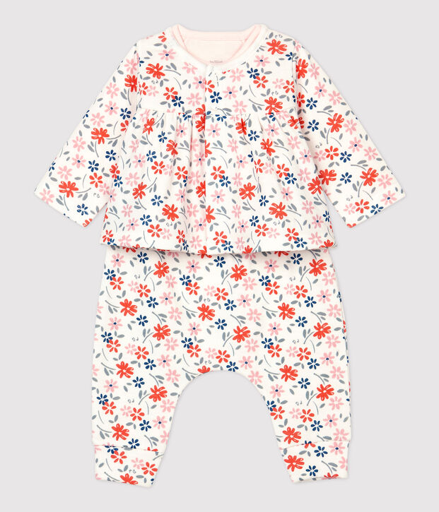 Dreiteiliges Baby-Set aus Bio-Baumwolle mit Blumenmuster f&uuml;r M&auml;dchen weiss/vielfarbig
