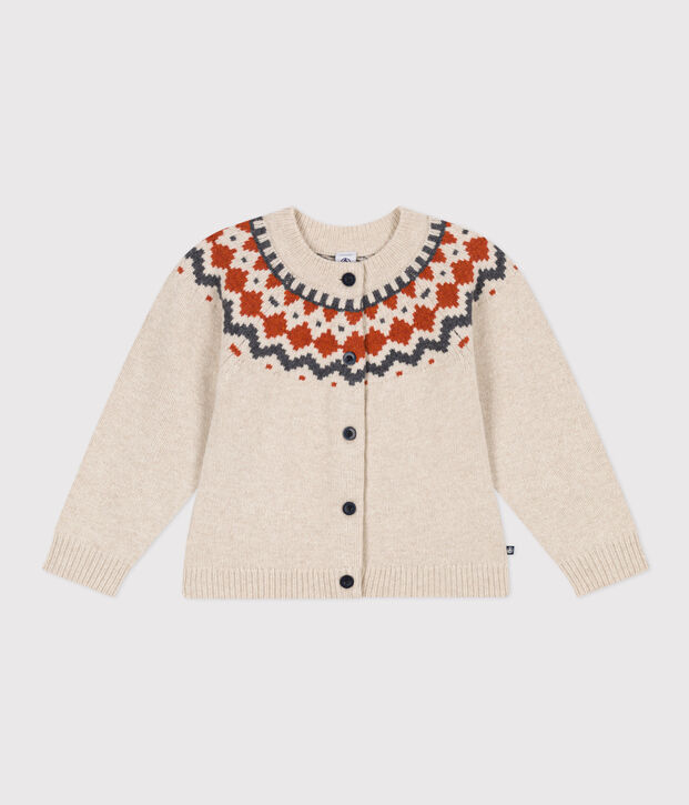 Kinder-Jacquard-Cardigan aus Wolle und Baumwolle f&uuml;r M&auml;dchen beige/vielfarbig