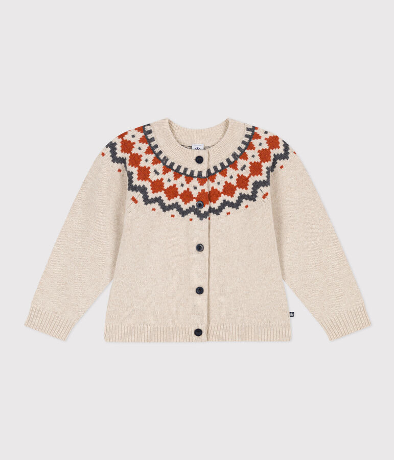 Kinder-Jacquard-Cardigan aus Wolle und Baumwolle f&uuml;r M&auml;dchen beige/vielfarbig