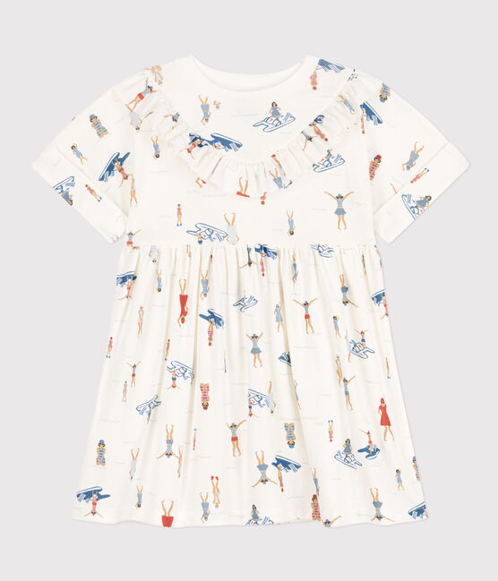 Kurzärmeliges Kinder-Kleid aus Baumwolle für Mädchen weiss MARSHMALLOW/weiss MULTICO