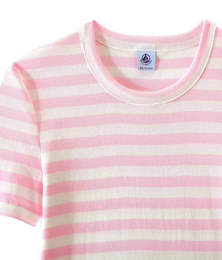 Gestreiftes Damen-T-Shirt aus Original-Rippstrick rosa BABYLONE/weiss MARSHMALLOW
