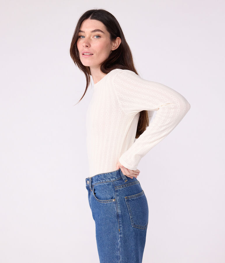 Lang&auml;rmeliges Damen-T-Shirt L&rsquo;Iconique aus Baumwolle mit Lochstickerei naturfarben