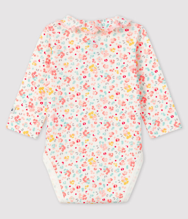Gebl&uuml;mter Baby-Body f&uuml;r M&auml;dchen mit Kragen aus Rippstrick weiss/vielfarbig