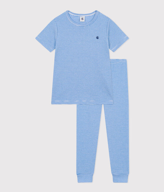Kinderpyjama aus gestreifter Baumwolle DELPHINIUM/ MARSHMALLOW