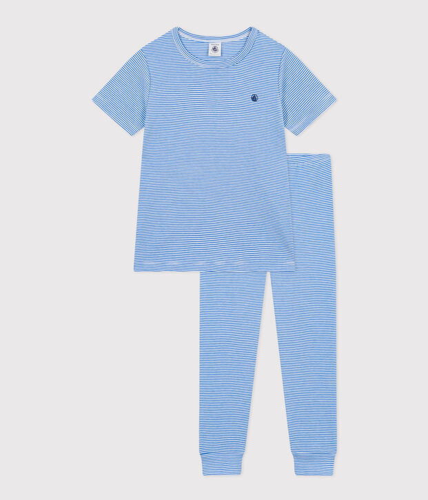 Kinderpyjama aus gestreifter Baumwolle blau/weiss