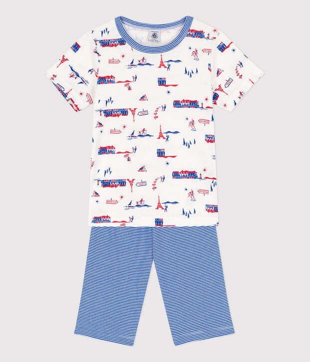 Kinder-Kurzpyjama Paris aus Baumwolle f&uuml;r Jungen weiss/vielfarbig