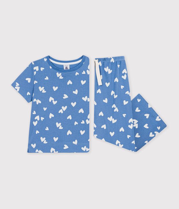 Kinder-Pyjama aus Baumwolle mit weiten Beinen und Herzmotiv blau/weiss