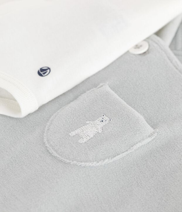 Baby-Latzhosen-Set aus einfarbiger Baumwolle mit h&uuml;bschen Verzierungen blau/weiss