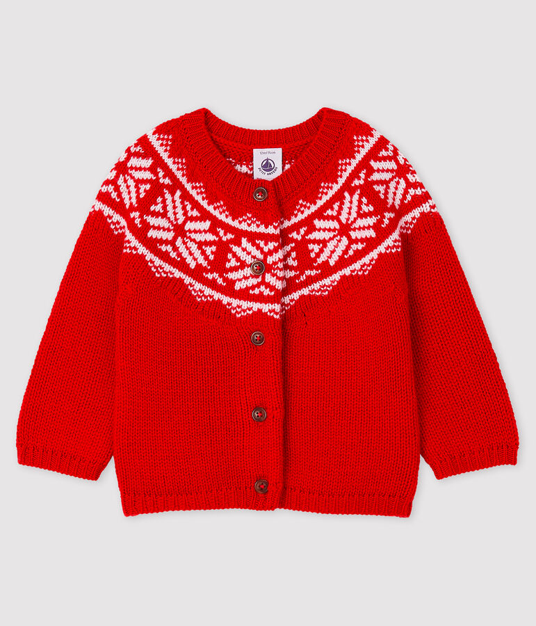 Baby-Cardigan aus 100% Wolle rot/weiss