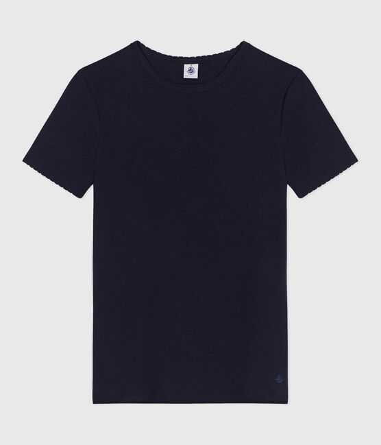 Damen-T-Shirt L’ICONIQUE aus einfarbiger Baumwolle mit Pikotkante blau SMOKING
