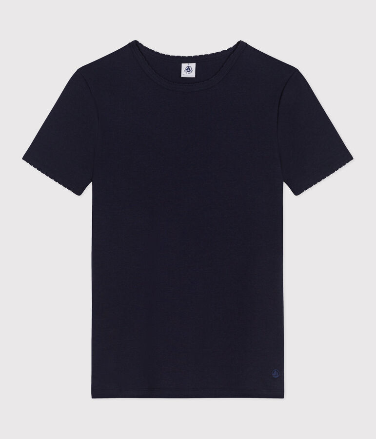 Damen-T-Shirt L&rsquo;ICONIQUE aus einfarbiger Baumwolle mit Pikotkante blau