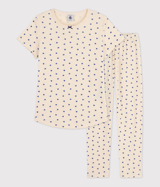 Kurzärmeliger Kinderpyjama aus Baumwolle mit Herzmotiv für Mädchen weiss AVALANCHE/ NEWBLEU